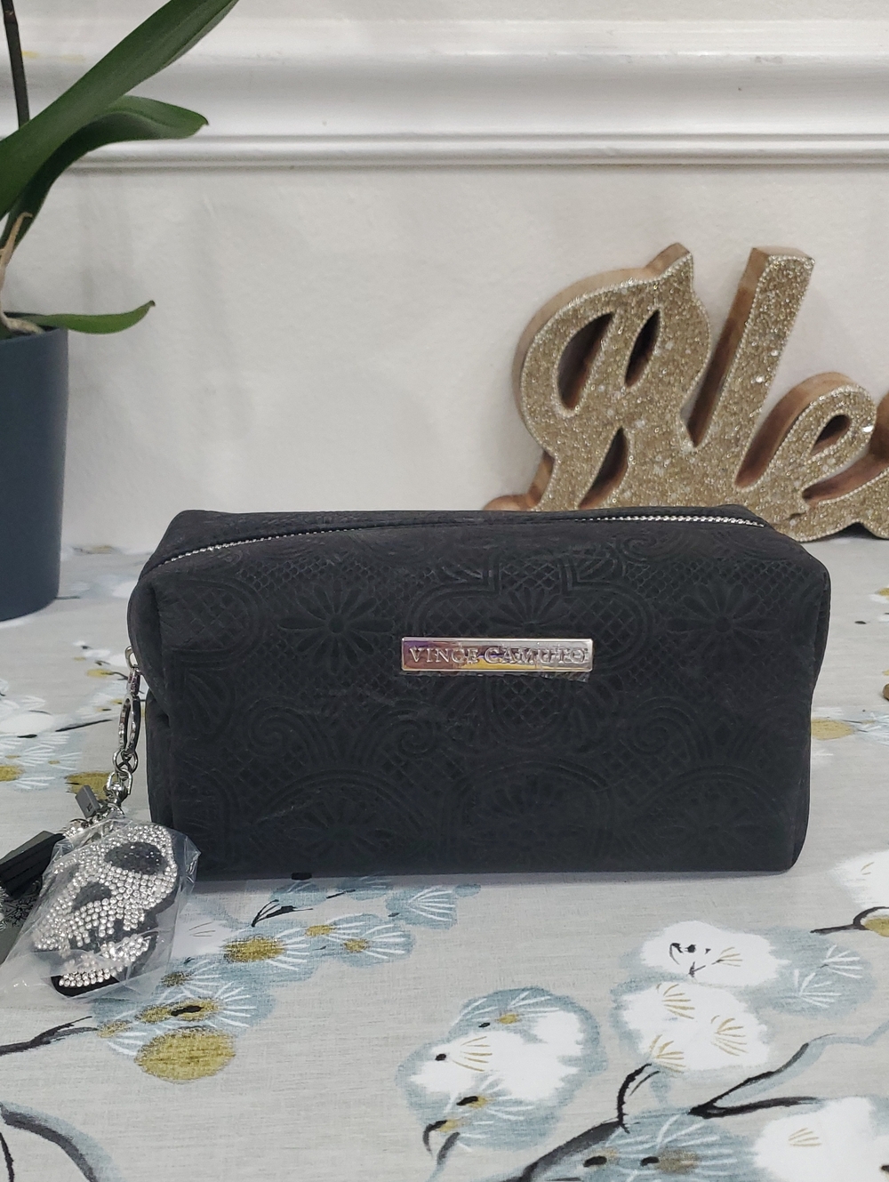 Vince Camuto Black Embossed Cosmetic Case with Tassel Charm